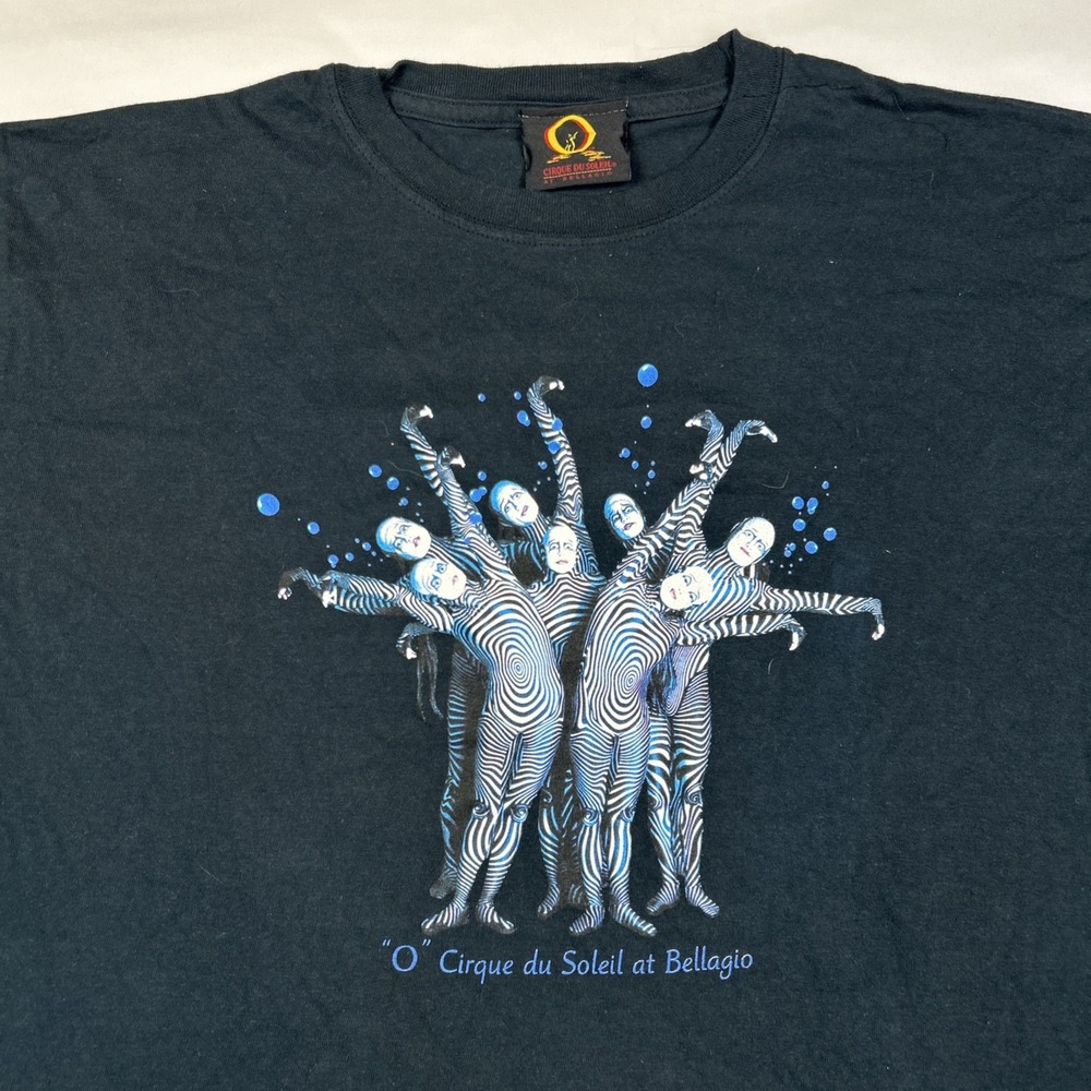 Vintage Cirque Du Soleil At Bellagio Shirt Mens Sz L Black Graphic Print Tee USA